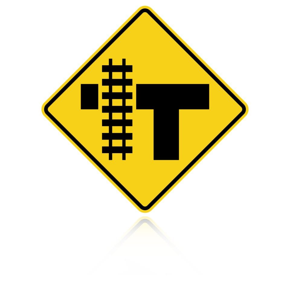 MUTCD W10-4 (L&R) Railroad Crossing (On Side of T Intersection) — Left version, Yellow