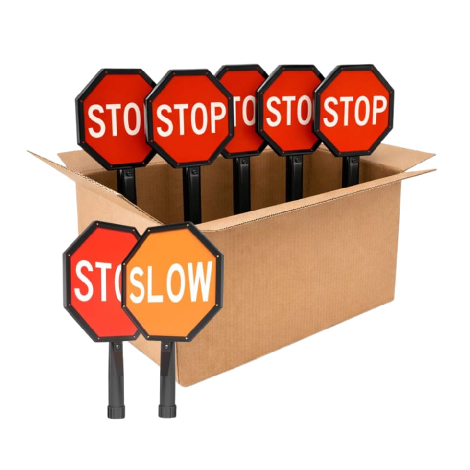 Bundle of 5 - Stop/Slow 12" Flashing Hand Held Dual Sign Paddle — Orange