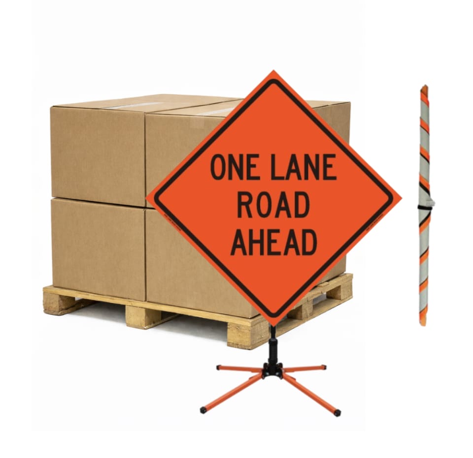 Quantity 5 - Bulk Pallet Pricing "One Lane Road Ahead" Roll-Up Traffic Signs