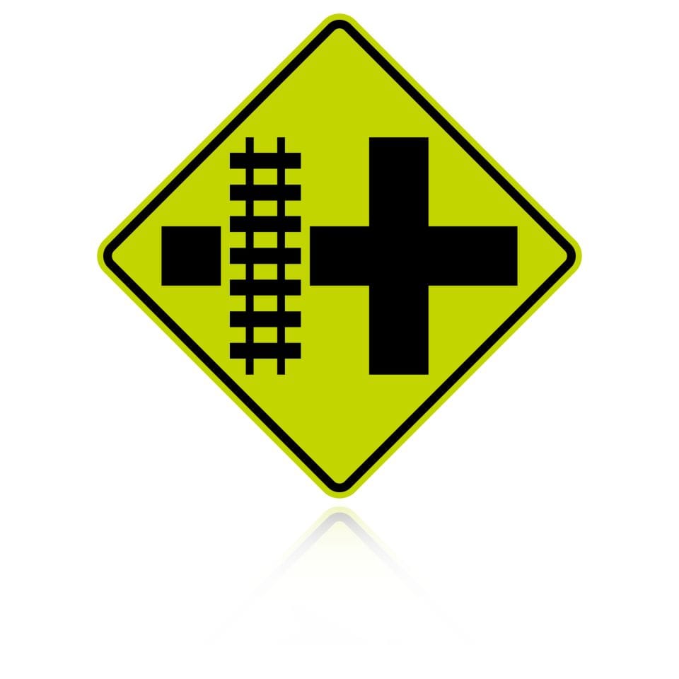 MUTCD W10-2 (L&R) Railroad Crossing (On Crossroad) — Left version, Fluorescent Yellow Green