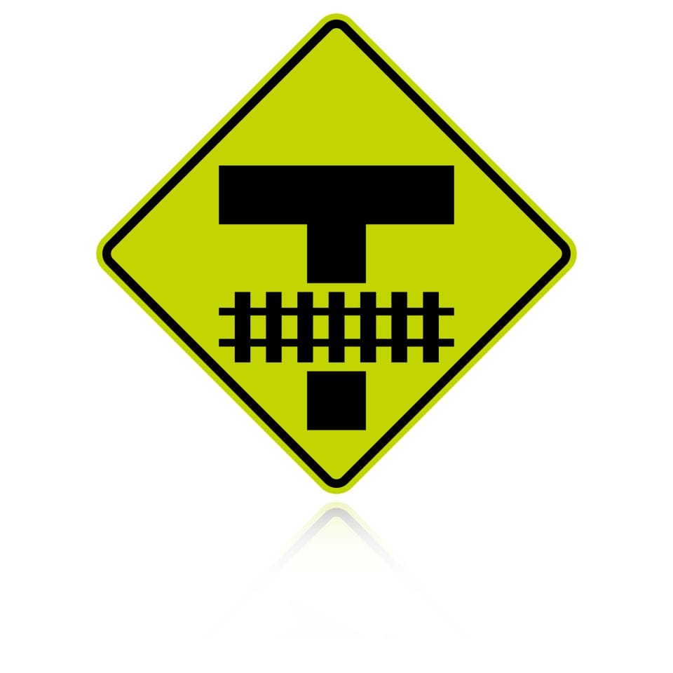 MUTCD W10-11 Railroad Crossing Storage Space — Fluorescent Yellow Green sheeting