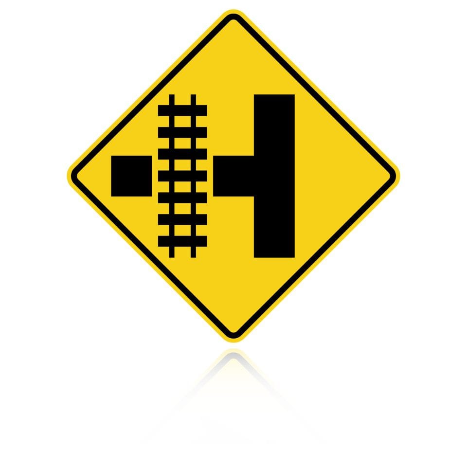 MUTCD W10-3 (L&R) Railroad Crossing (On Side Road) — Left version, Yellow