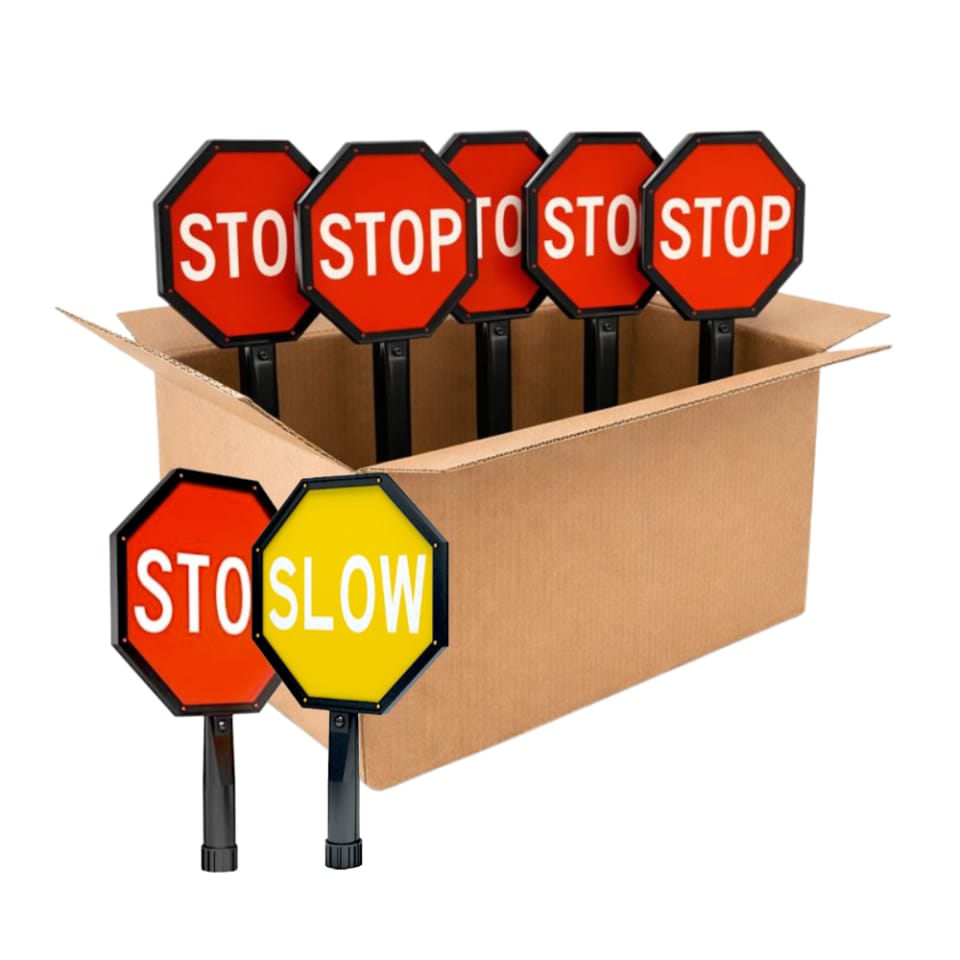 Bundle of 5 - Stop/Slow 12" Flashing Hand Held Dual Sign Paddle — Yellow