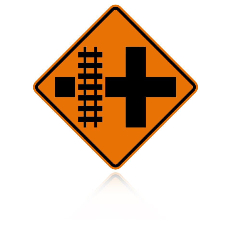 MUTCD W10-2 (L&R) Railroad Crossing (On Crossroad) — Left version, Orange