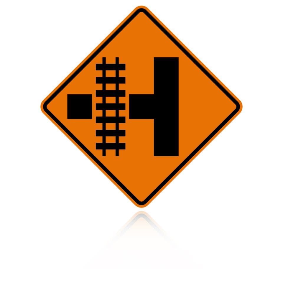 MUTCD W10-3 (L&R) Railroad Crossing (On Side Road) — Left version, Orange