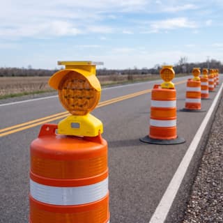 Illustration: a solar amber LED barricade light, switched off, on a traffic drum at the start of a lane closure in daylight.