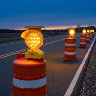 Illustration: a solar amber LED barricade light on a traffic drum at the start of a lane closure at dusk.