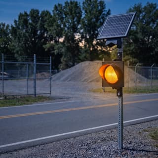 Illustration: a solar amber LED flashing beacon on a steel post beside a yard gate after dark.