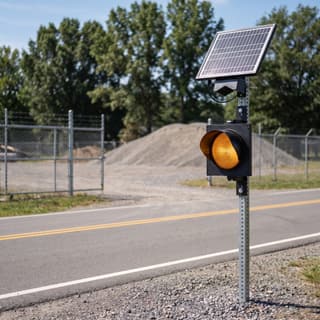Illustration: a solar amber LED flashing beacon on a steel post beside a yard gate where trucks enter a two-lane road.