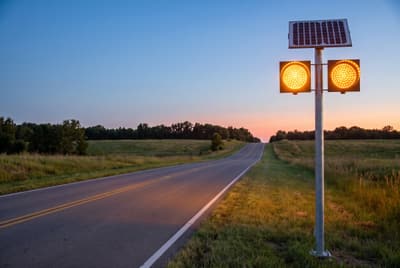 Illustration: a pair of solar amber LED flashing warning beacons on a pole before a blind hill crest after dark.