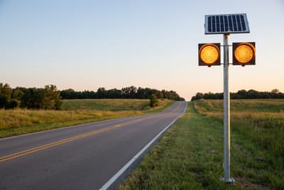 Illustration: a pair of solar amber LED flashing warning beacons on a pole before a blind hill crest.