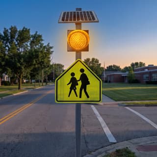 Illustration: a solar amber LED flashing beacon mounted above a school crossing sign on a residential street after dark.