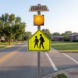 Illustration: a solar amber LED flashing beacon mounted above a school crossing sign on a residential street.