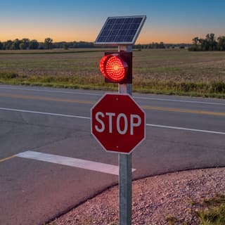 Illustration: a solar red LED flashing beacon mounted above a stop sign at a rural T-intersection after dark.