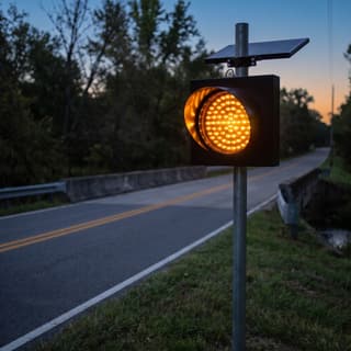 Illustration: a solar amber LED flashing warning beacon on a pole at the approach to a narrow rural bridge after dark.