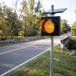 Illustration: a solar amber LED flashing warning beacon on a pole at the approach to a narrow rural bridge.