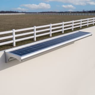 Illustration: a slim solar LED sign light bar, switched off in daylight, above a blank civic entrance board.
