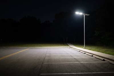 Illustration: a solar LED light covering the far corner of a campus parking lot.