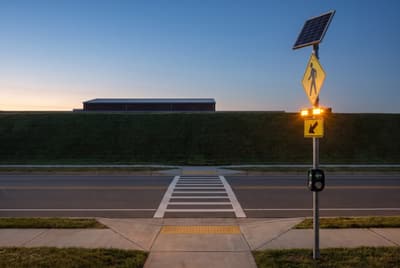 Illustration: a solar rectangular rapid-flashing beacon crosswalk system flashing at a school crossing after dark.