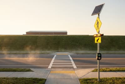 Illustration: a solar rectangular rapid-flashing beacon crosswalk system at a school crossing at dawn.