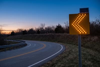 Illustration: a solar LED chevron alignment sign lit on the outside of a sharp bend on a rural highway after dark.