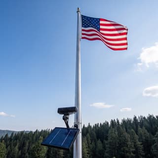 Illustration: a solar LED bar light on a flagpole, switched off in daylight, below an American flag.