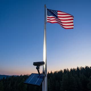 Illustration: a solar LED bar light on a flagpole uplighting an American flag at dusk.
