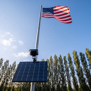 Illustration: a solar LED flag pole light with a large solar panel, switched off in daylight, below an American flag.
