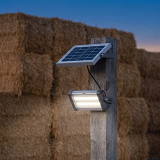 Illustration: a small solar LED flood light and its separate panel on a timber post in a farmyard at dusk.