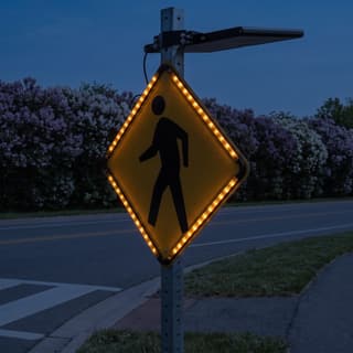 Illustration: a solar pedestrian crossing sign outlined by a glowing amber LED frame at a greenway crossing after dark.
