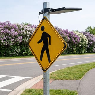 Illustration: a solar pedestrian crossing sign outlined by a lit amber LED frame where a greenway trail crosses a suburban road.