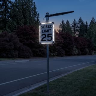 Illustration: a solar 25 mph speed limit sign outlined by a glowing white LED frame on a residential entry road after dark.