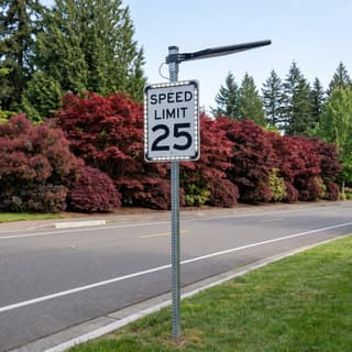 Illustration: a solar 25 mph speed limit sign outlined by a lit white LED frame on the landscaped entry road of a residential community.