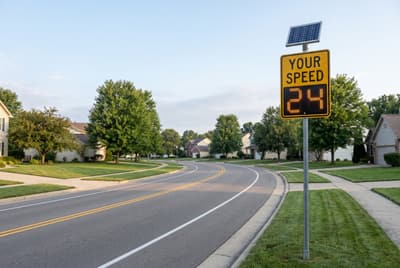 Illustration: a solar radar speed display showing a driver's speed on a residential street.