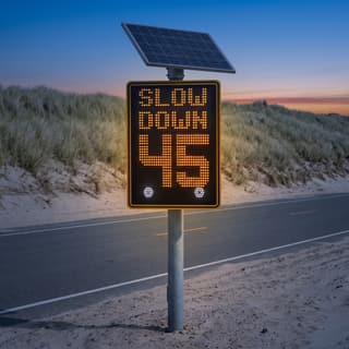 Illustration: a solar LED radar speed board glowing SLOW DOWN and a driver's speed at a beach park entrance after dark.