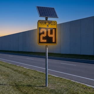 Illustration: a solar LED full-matrix radar speed sign glowing beside a divided suburban parkway after dark.
