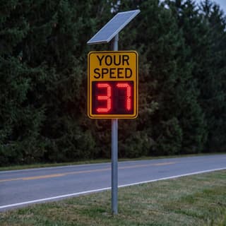 Illustration: a solar LED radar speed sign glowing a driver's speed in red on a two-lane county road after dark.