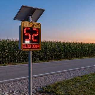 Illustration: a solar LED radar speed sign glowing a speed and a SLOW DOWN message on a county highway after dark.
