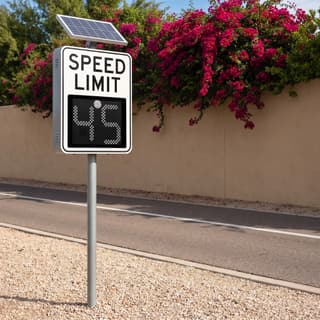 Illustration: a solar LED variable speed limit sign showing the limit in white LEDs on a suburban road in a warm southwestern town.