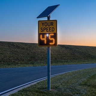 Illustration: a solar LED radar speed sign glowing a driver's speed beside a county park access road after dark.