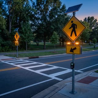Illustration: a pair of solar rectangular rapid-flashing beacons with push buttons at both ends of a marked crosswalk after dark.