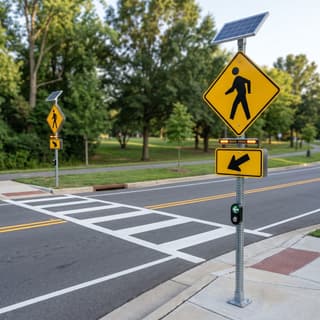 Illustration: a pair of solar rectangular rapid-flashing beacons with push buttons at both ends of a marked crosswalk.