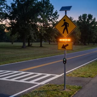 Illustration: a single solar rectangular rapid-flashing beacon with a push button at a park path crossing after dark.