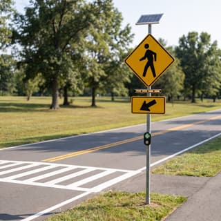 Illustration: a single solar rectangular rapid-flashing beacon with a push button where a path crosses a one-way park road.