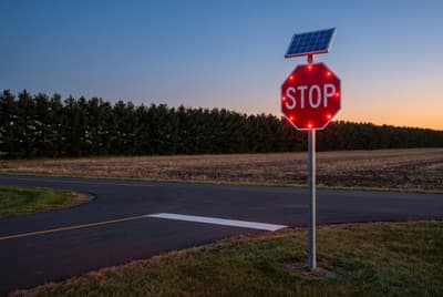 Illustration: a solar LED flashing stop sign at a rural four-way intersection at dusk.