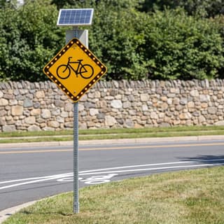 Illustration: a solar flashing bike lane sign beside a striped bike lane on a suburban road.