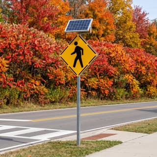 Illustration: a solar flashing pedestrian crossing sign with eight lit LEDs at a park path crossing in front of an autumn sumac thicket.