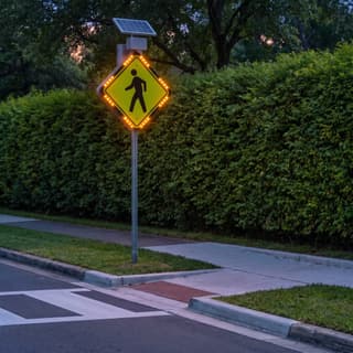 Illustration: a solar flashing pedestrian crossing sign glowing at a marked crosswalk on a residential street after dark.