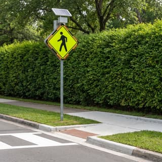 Illustration: a solar flashing pedestrian crossing sign at a marked crosswalk on a residential street.