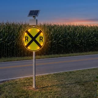 Illustration: a solar flashing railroad advance warning sign glowing on a county road after dark.